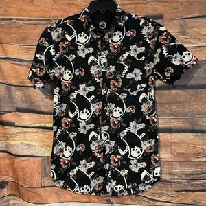 Obinsun Floral Reaper S Button-Up Shirt Skull Flower Hawaiian Goth Short Sleeve